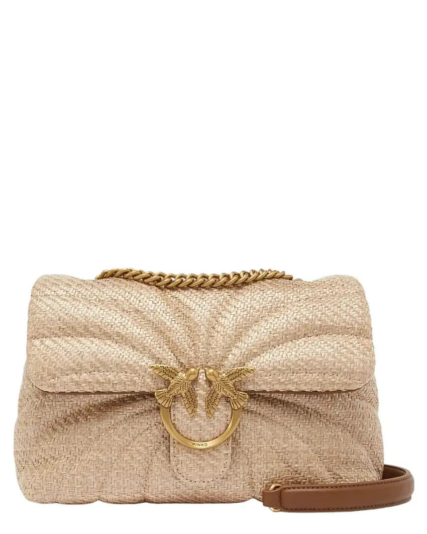 Love Bag Puff PINKO in rafia con farfalla e fibbia dorata – borsa a tracolla elegante
