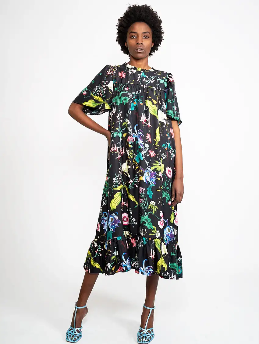 Abito in Seta Floreale Nero