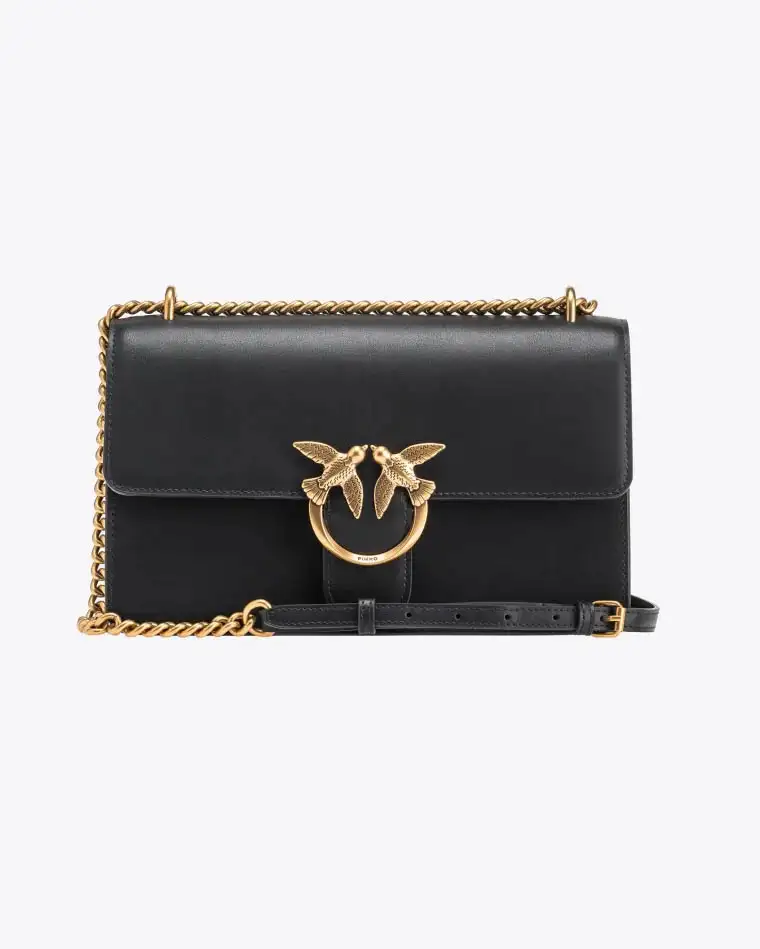Classic Love Bag one Simply in pelle liscia nera con fibbia dorata Love Birds e tracolla a catena regolabile