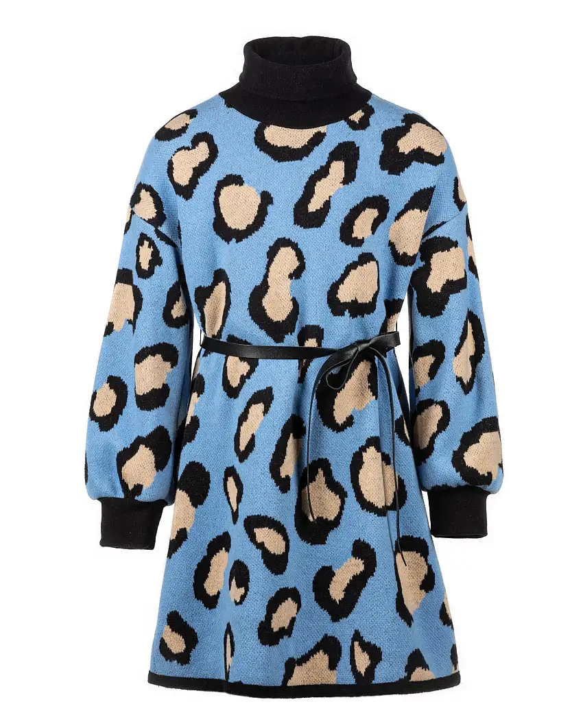 Abito in cotone azzurro con fantasia animalier e colletto ciclista alto 40-44