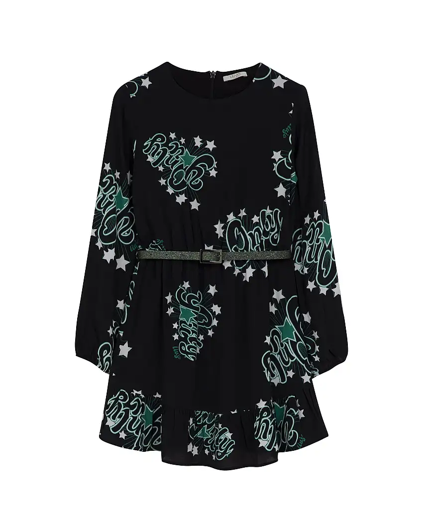 Abito nero con stampa grafica scritta only verde all over 10-14 anni