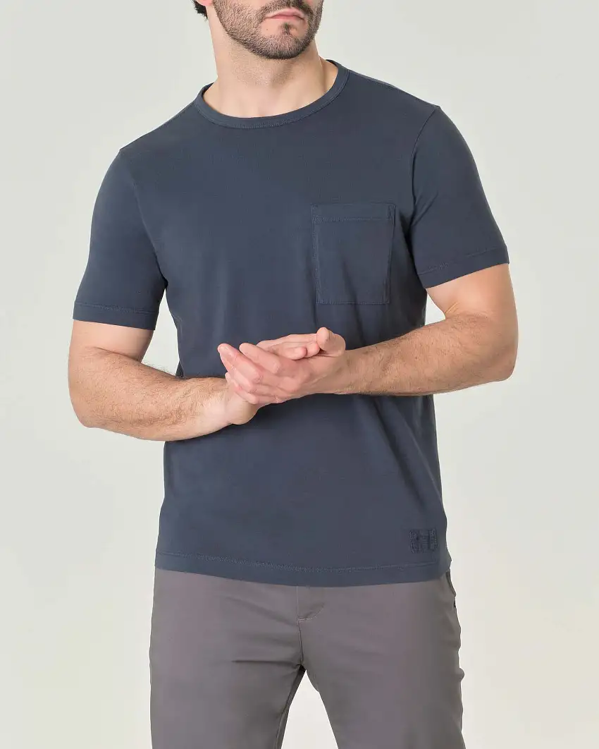 T-shirt blu mezza manica in pima cotton peruviano con taschino