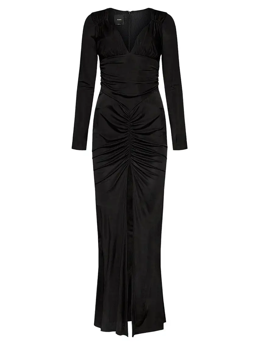 Abito Lungo Nero Elegante con Scollo a V e Dettagli Increspati